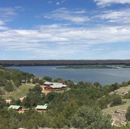 View of Cedar Point Biological Station with lake in background