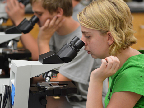 students looking into microscope